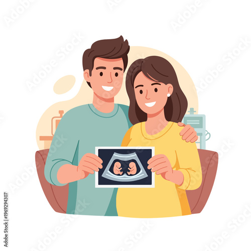 Happy couple holding ultrasound image of twin babies with joy