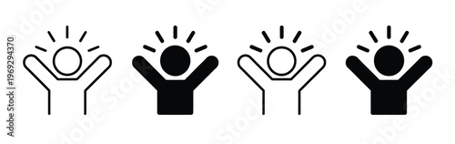 Happy, person icon with raised arms representing joyful human figure, success, celebration, positive emotion, achievement, motivation, business, and user interface design concepts.