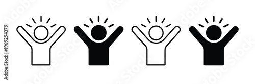 Happy, human figure icon with arms raised, symbolizing joy, success, celebration, motivation, achievement, positive emotion, and UI design in vector illustration.
