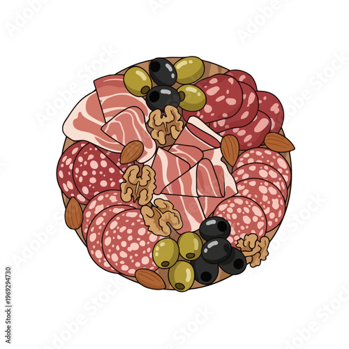 A circular platter of cured meats, olives and nuts