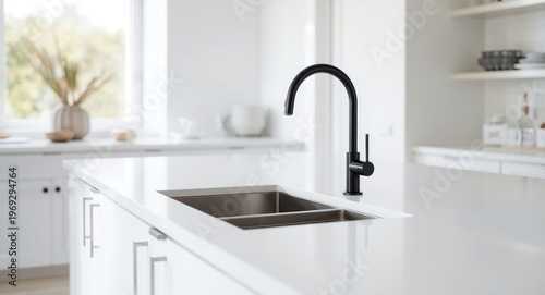 white countertop with an undermount sink and a black finish modern faucet in a bright kitchen setup
