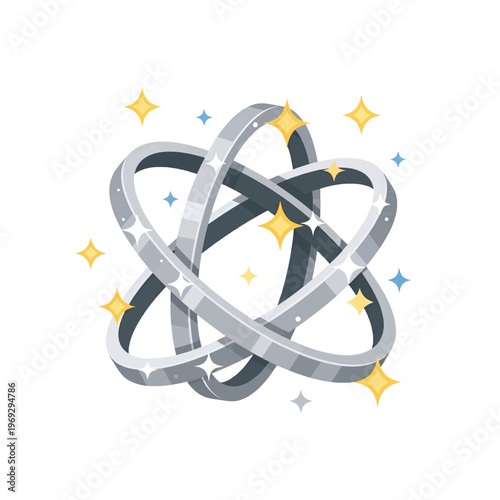 Interlocking metallic rings with sparkling stars on white background