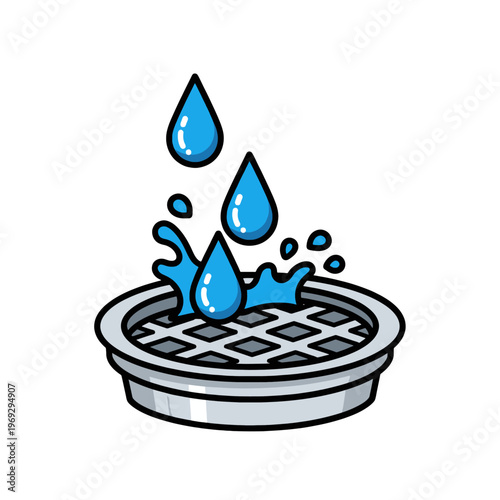 Water drops falling into a drain grate with splashes