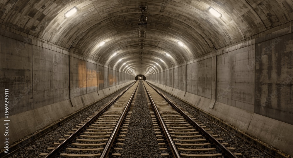 Obraz premium Updated excavation tunnel with dual rail tracks and emergency exits