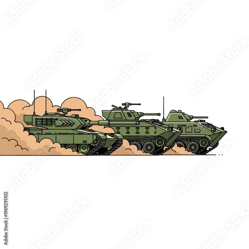 Three armored vehicles advance through dusty terrain