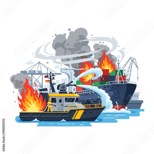 Firefighting vessel extinguishes a large fire on a cargo ship at sea