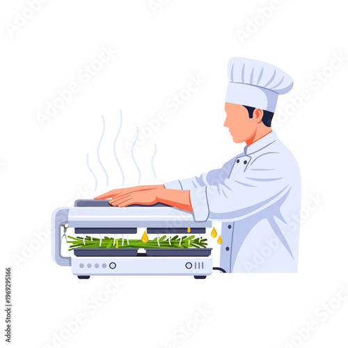 A culinary professional prepares fresh vegetables on a cooking appliance