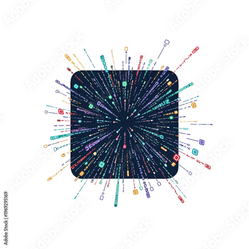 Abstract explosion of colorful geometric shapes and lines emanating from