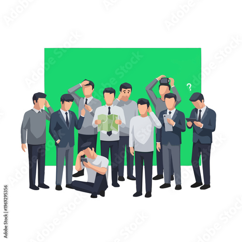 A group of confused people looking at a map and devices