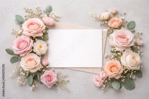 Floral Greeting Card Arrangement with Pastel Roses on Gray Surface
