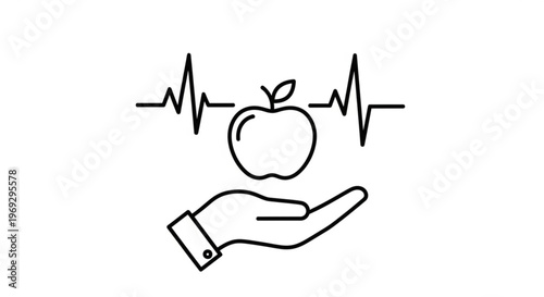 Healthy lifestyle concept with hand holding apple and ecg line symbolizing wellness and nutrition