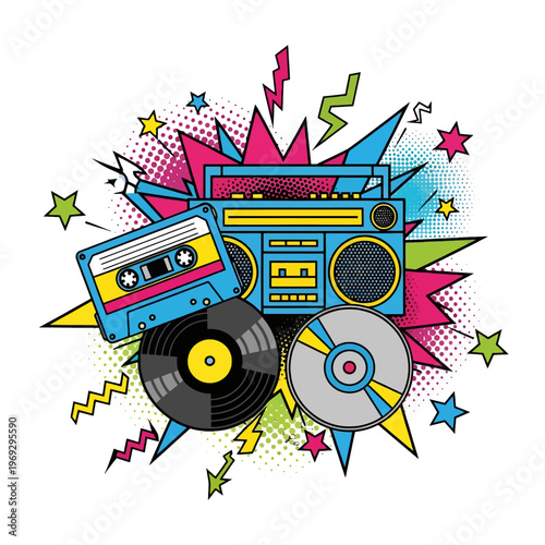 Retro audio devices and music formats with vibrant pop art elements