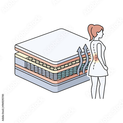 Mattress construction showing layers and support for spinal alignment