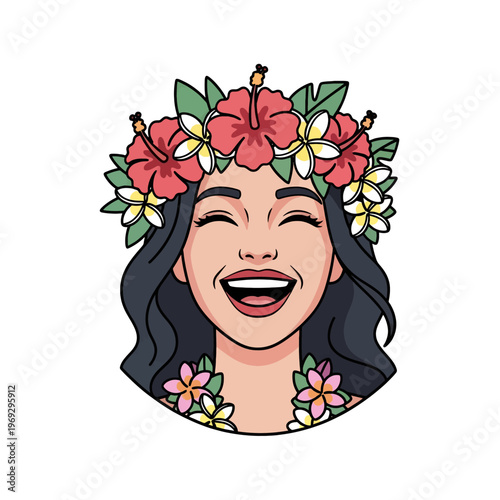 Joyful person wearing a floral crown and necklace with a smile