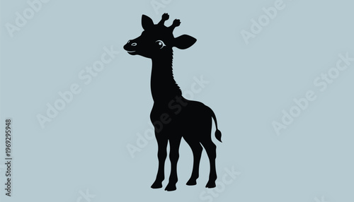 A black silhouette of a giraffe standing on a gray background