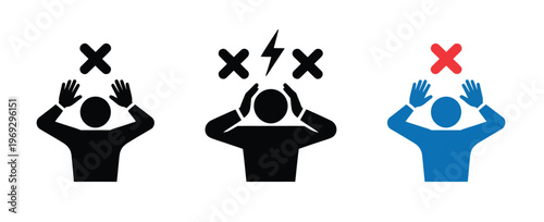 Headache, and migraine pain icon set representing stress, mental health pressure, discomfort, tension, and wellness concepts in vector illustration design.