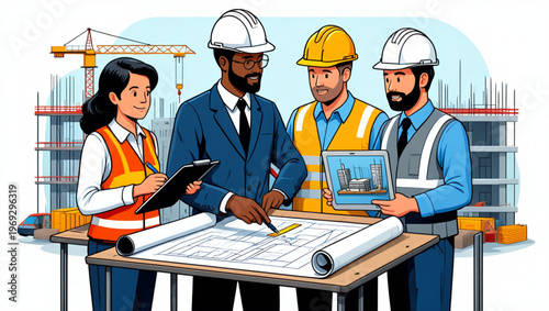 Diverse Construction Team Reviewing Blueprint on Building Site Vector
