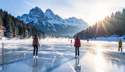 Two skaters glide across a frozen alpine lake at sunset, surrounded by towering snow-covered mountains and glowing golden light
