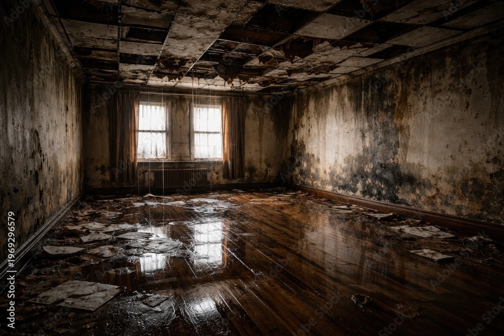 Fototapeta premium Water damaged rectangular room with hardwood flooring and composite ceiling showing structural issues