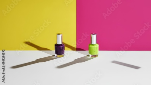 Purple and green nail polish on bold color block background.