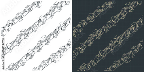 Chainsaw chain links isometric blueprints close-up