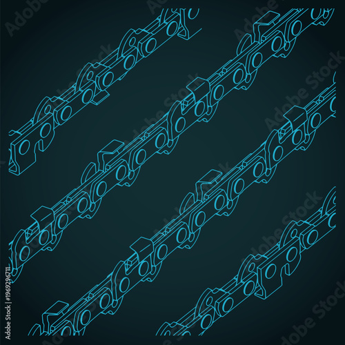 Chainsaw chain links isometric blueprints close-up illustration