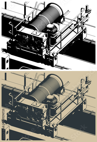 Double girder crane trolley and hoist unit close-up