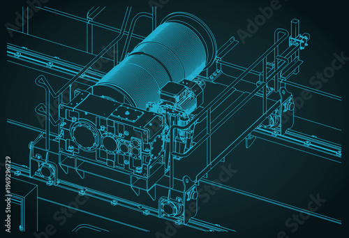 Double girder crane trolley and hoist unit isometric blueprint close up
