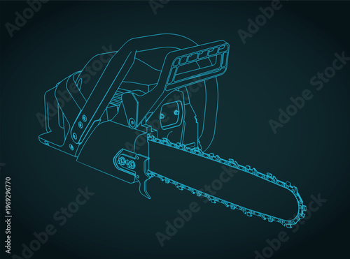 Gasoline chainsaw isometric blueprint
