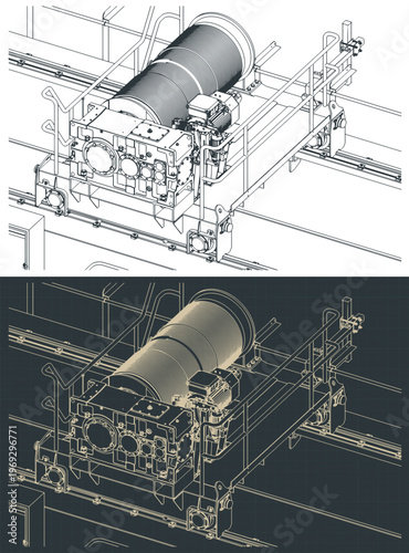 Double girder crane trolley and hoist unit isometric blueprints close-up