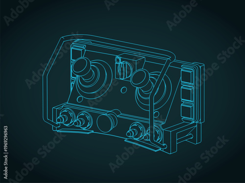Industrial wireless remote control unit with joysticks isometric blueprint