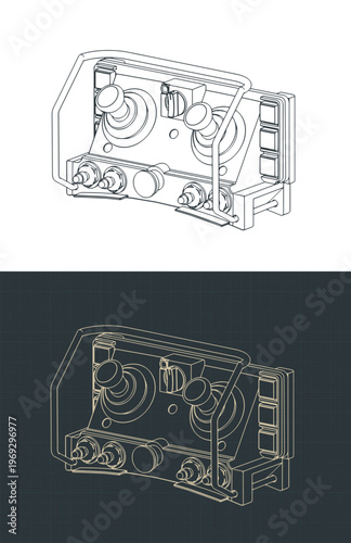 Industrial wireless remote control unit with joysticks isometric blueprints