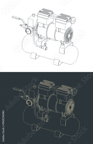 Portable air compressor unit with a horizontal tank isometric blueprints