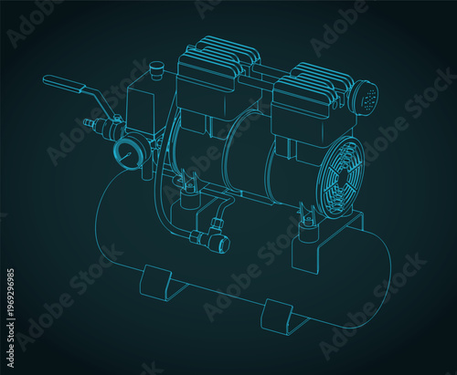 Portable air compressor unit with a horizontal tank isometric blueprint