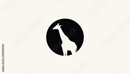 A giraffe silhouette against a black circle
