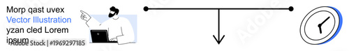 Decision making, time management, prioritization, workflow, efficiency, productivity. Man at a laptop pointing to a balance scale and clock. Decision making and time management concept