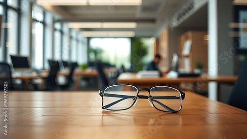 afterhours. A clean wooden desk with eyeglasses, set in a quiet after-hours office atmosphere. pitch deck slides, case study pages, designed for brand storytelling and e-commerce strategy.