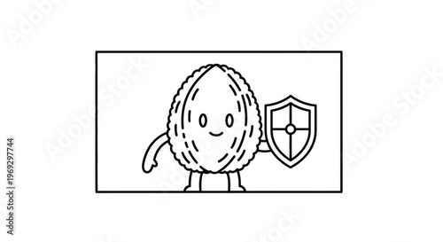 Cartoon Almond Character Holding Shield, Healthy Food Security Concept