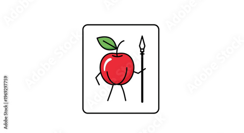 Cartoon Apple Warrior with Spear, Standing Strong, Whimsical Character Design