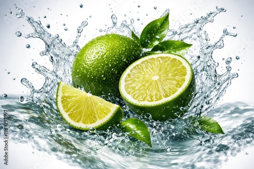 Dynamic water splash surrounding fresh limes on isolated background
