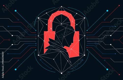 Silhouette of a person in a hood, rendered with geometric shapes and lines, is centrally placed within a large red padlock symbol against a dark background with digital circuit patterns.