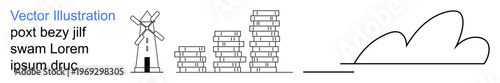 Education, eco-living, environmental awareness, learning, rural lifestyle, minimalism. Windmill, stacked books cloud line drawing. Education and eco-living visual concept