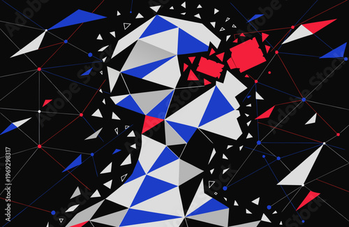 Abstract geometric human head form composed of interlocking blue, white, and red polygons, with a section breaking away into fragmented shapes, symbolizing a concept of mental fragmentation.