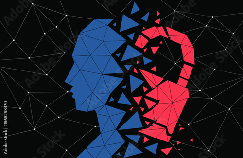 Profile silhouette of a person's head dissolving into numerous blue and red triangles and geometric shapes, representing fragmented thoughts, mental dissolution, or a damaged cognitive process in.
