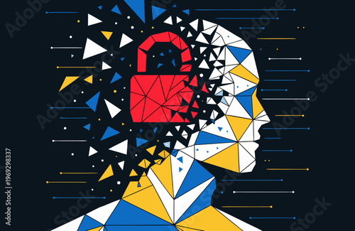 Abstract human head dissolving into geometric fragments, with a red padlock at its center, symbolizing data fragmentation and digital identity crisis.