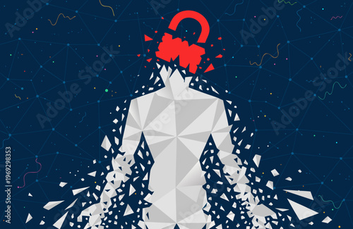 Abstract human silhouette constructed from white geometric shapes shattering into numerous fragments, with a broken red padlock symbol above the head signifying mental distress or system failure.