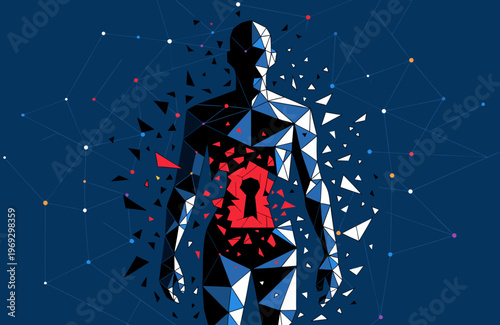 Fragmented human figure with a keyhole motif glowing red in the chest area, surrounded by network connections, illustrating vulnerability and the potential for data access or internal security issues.
