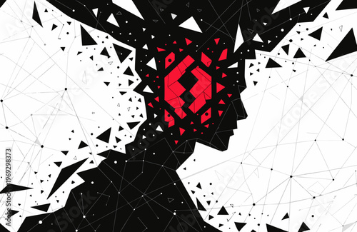 Silhouette profile of a human head dissolving into scattered triangular fragments, revealing a red, broken padlock symbol within the head, symbolizing lost security or mental distress.