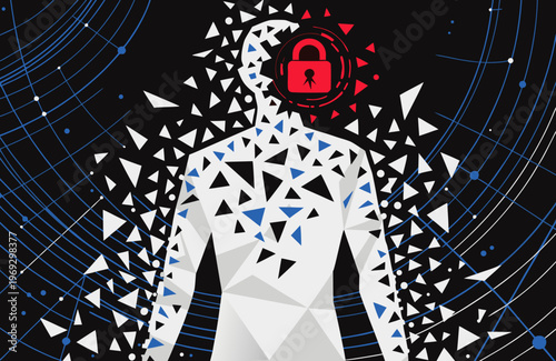 Humanoid form composed of geometric shards and circuits disintegrating with a red digital padlock overlay symbolizing data security concerns and cybersecurity threats.