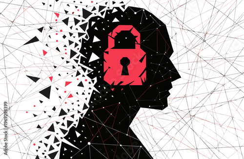 Head profile of a person disintegrates into geometric shapes, featuring a prominent red padlock inside the head, representing mental lockdown, security breaches, or a mind under surveillance.